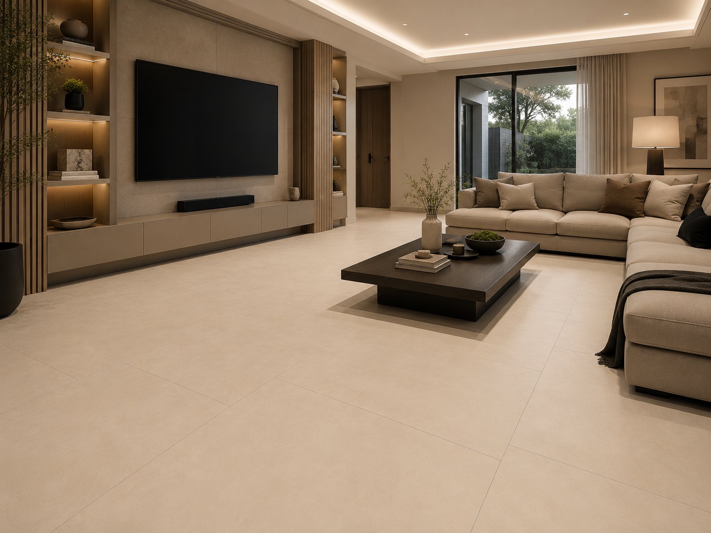 Carbon Beige 48x72 – porcelain tile in a room | Rios Floor Orlando