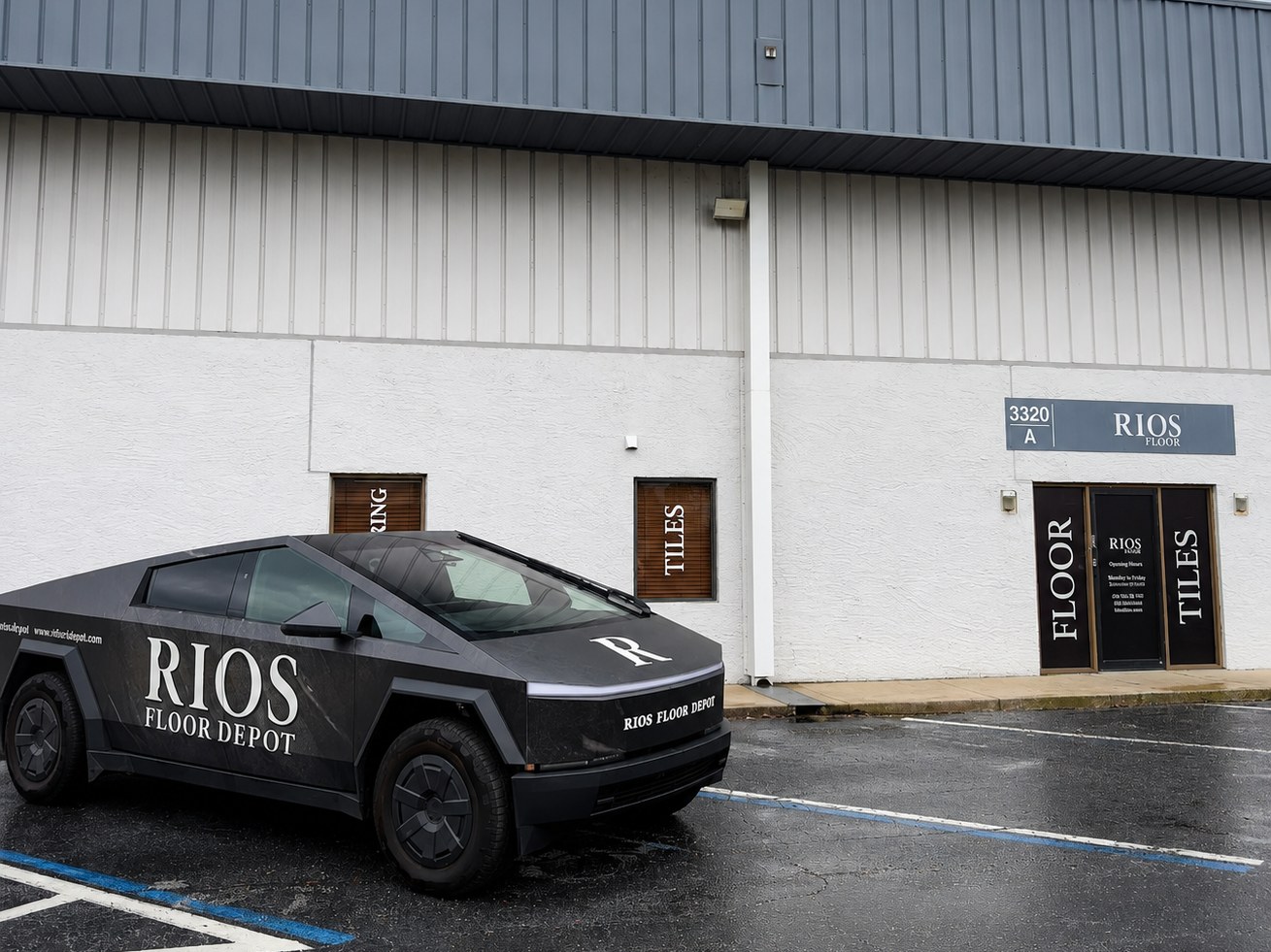 Rios Floor Depot truck parked outside the Rios Floor warehouse and showroom at 3320 Vineland Rd Suite A, Orlando, FL