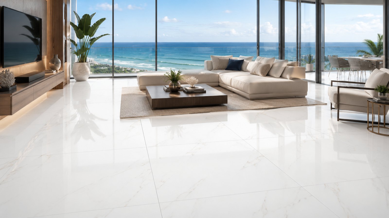 Smoke White 48x48 – porcelain tile in a room | Rios Floor Orlando